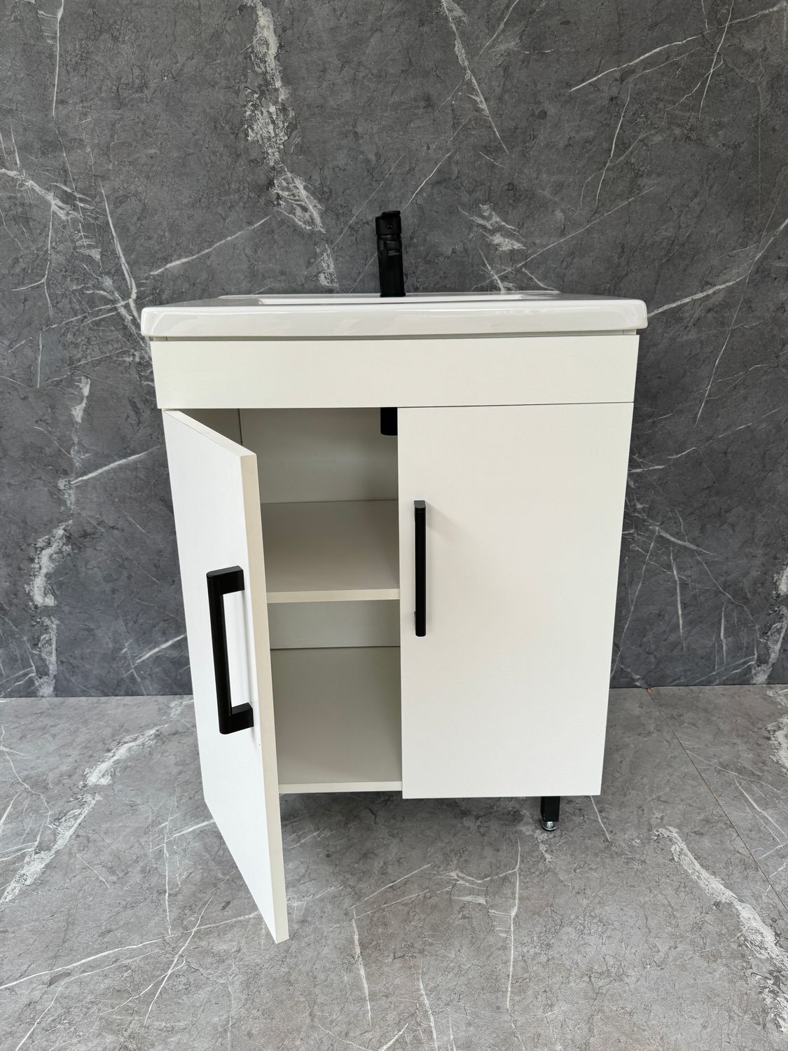 GEZA-600 Floor Standing Cabinet &amp; Basin with black handles &amp; feet.