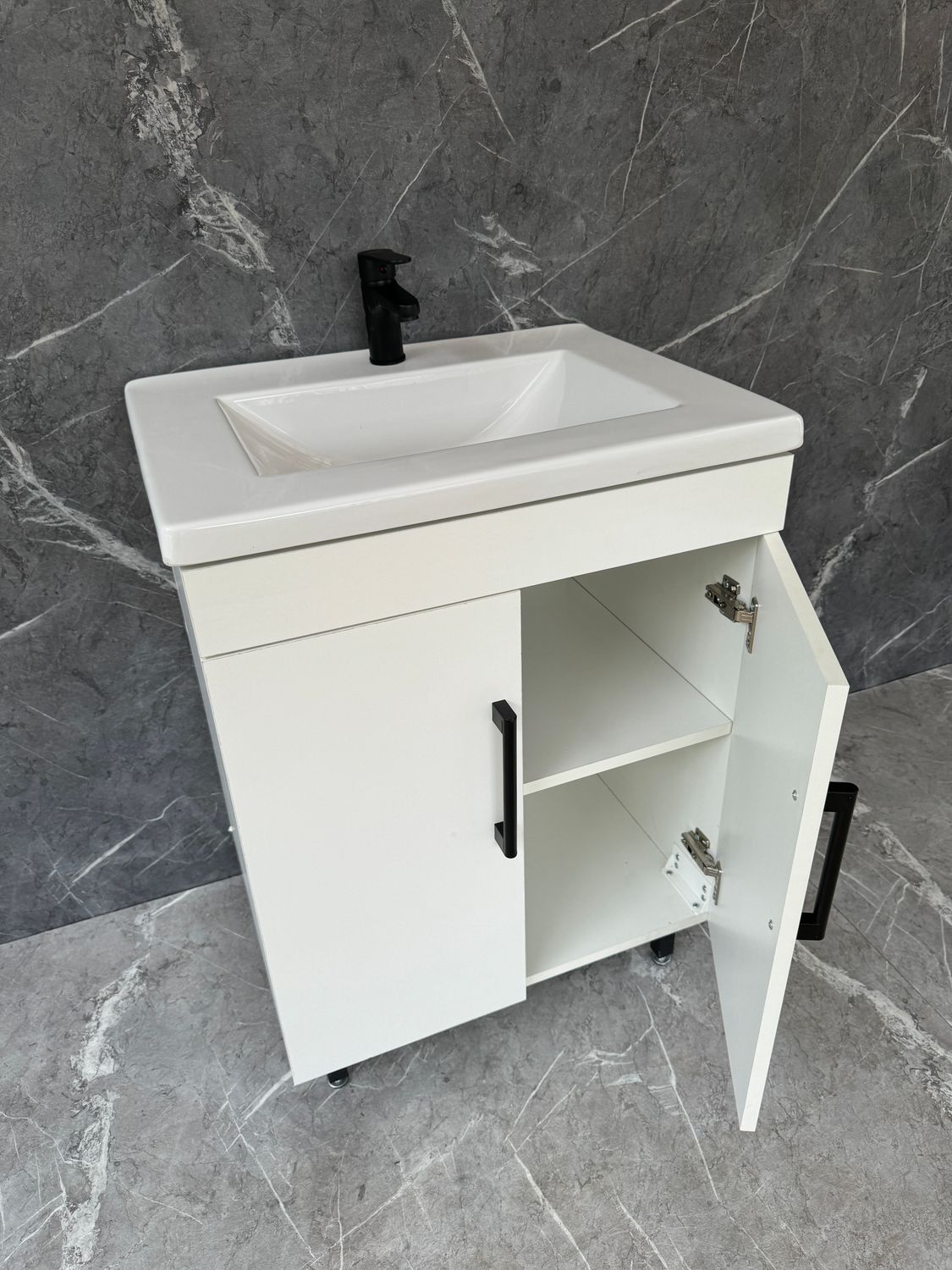GEZA-600 Floor Standing Cabinet &amp; Basin with black handles &amp; feet.