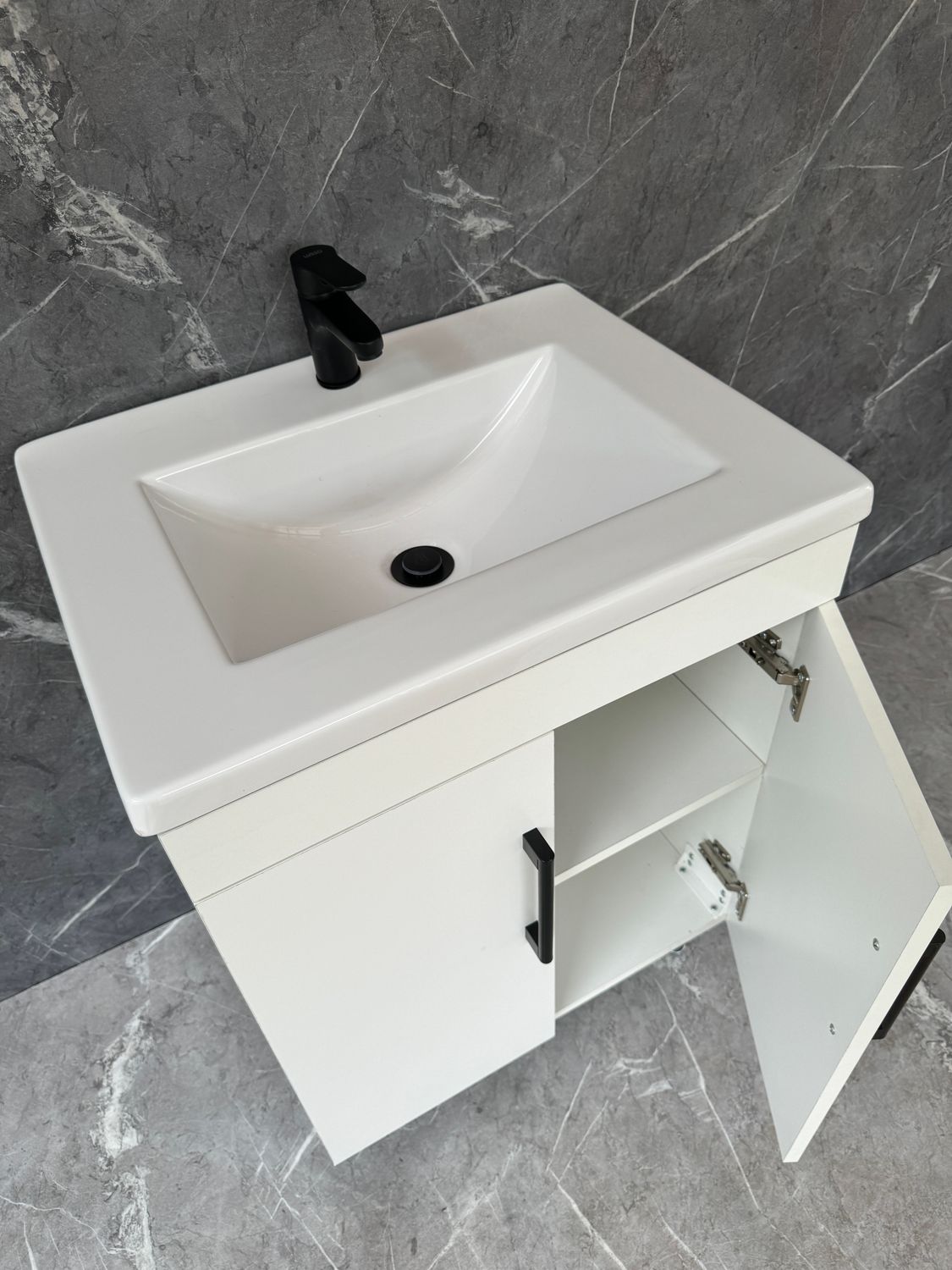 GEZA-600 Floor Standing Cabinet &amp; Basin with black handles &amp; feet.