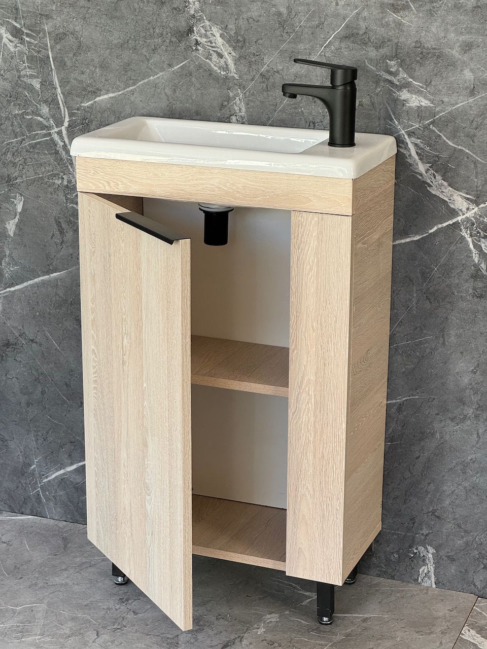 ICALA-500 Floor Standing Cabinet &amp; Basin with black handle &amp; legs.