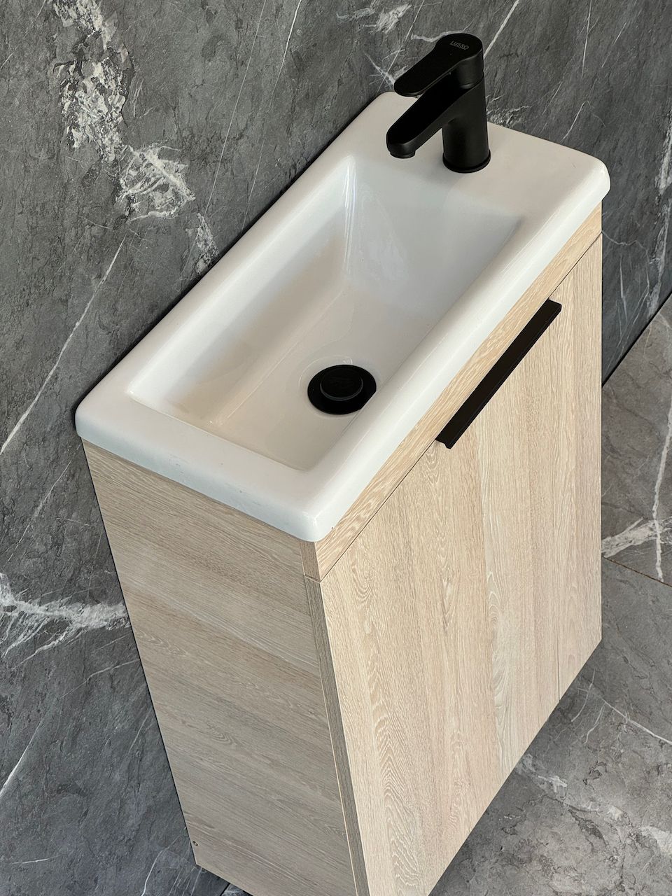 ICALA-500 Floor Standing Cabinet &amp; Basin with black handle &amp; legs.