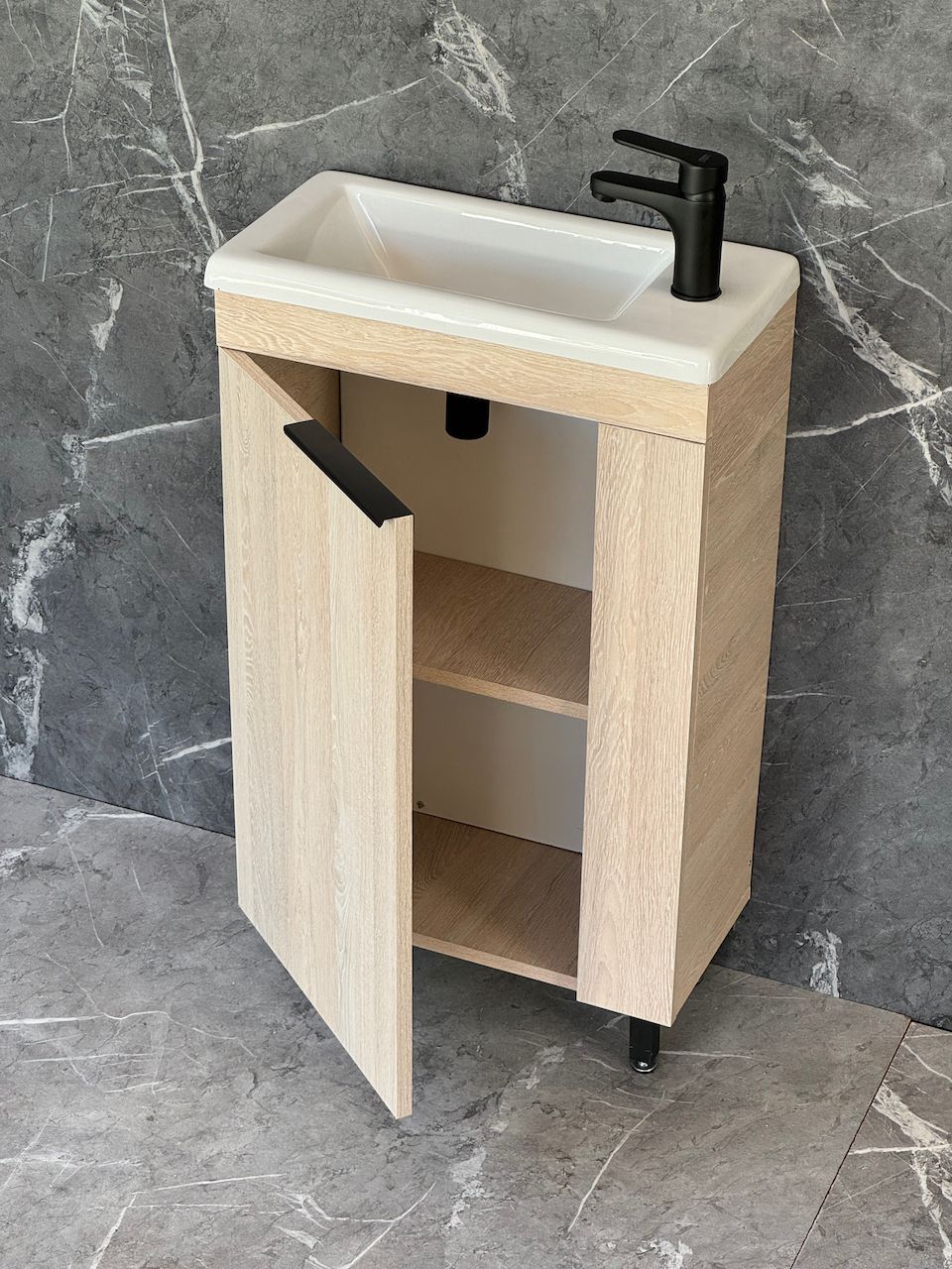 ICALA-500 Floor Standing Cabinet &amp; Basin with black handle &amp; legs.