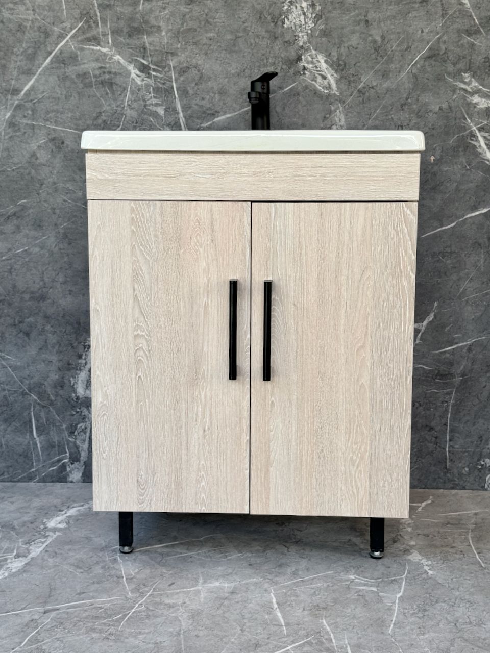 GEZA-600 Floor Standing Cabinet &amp; Basin with black handles &amp; legs.