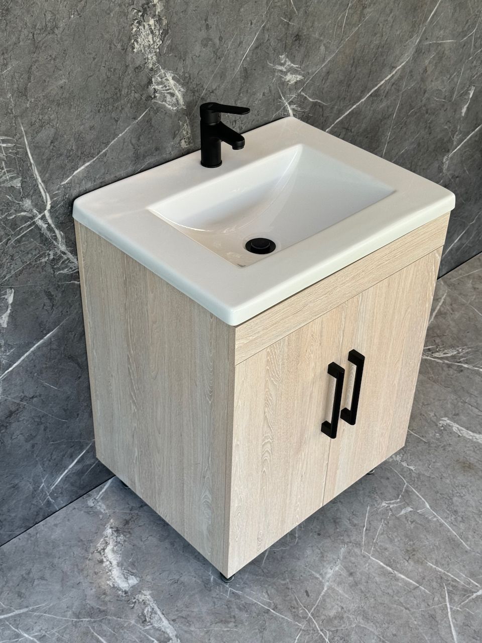 GEZA-600 Floor Standing Cabinet &amp; Basin with black handles &amp; legs.