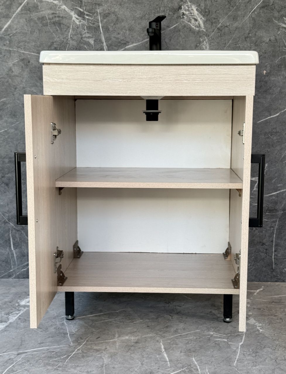 GEZA-600 Floor Standing Cabinet &amp; Basin with black handles &amp; legs.