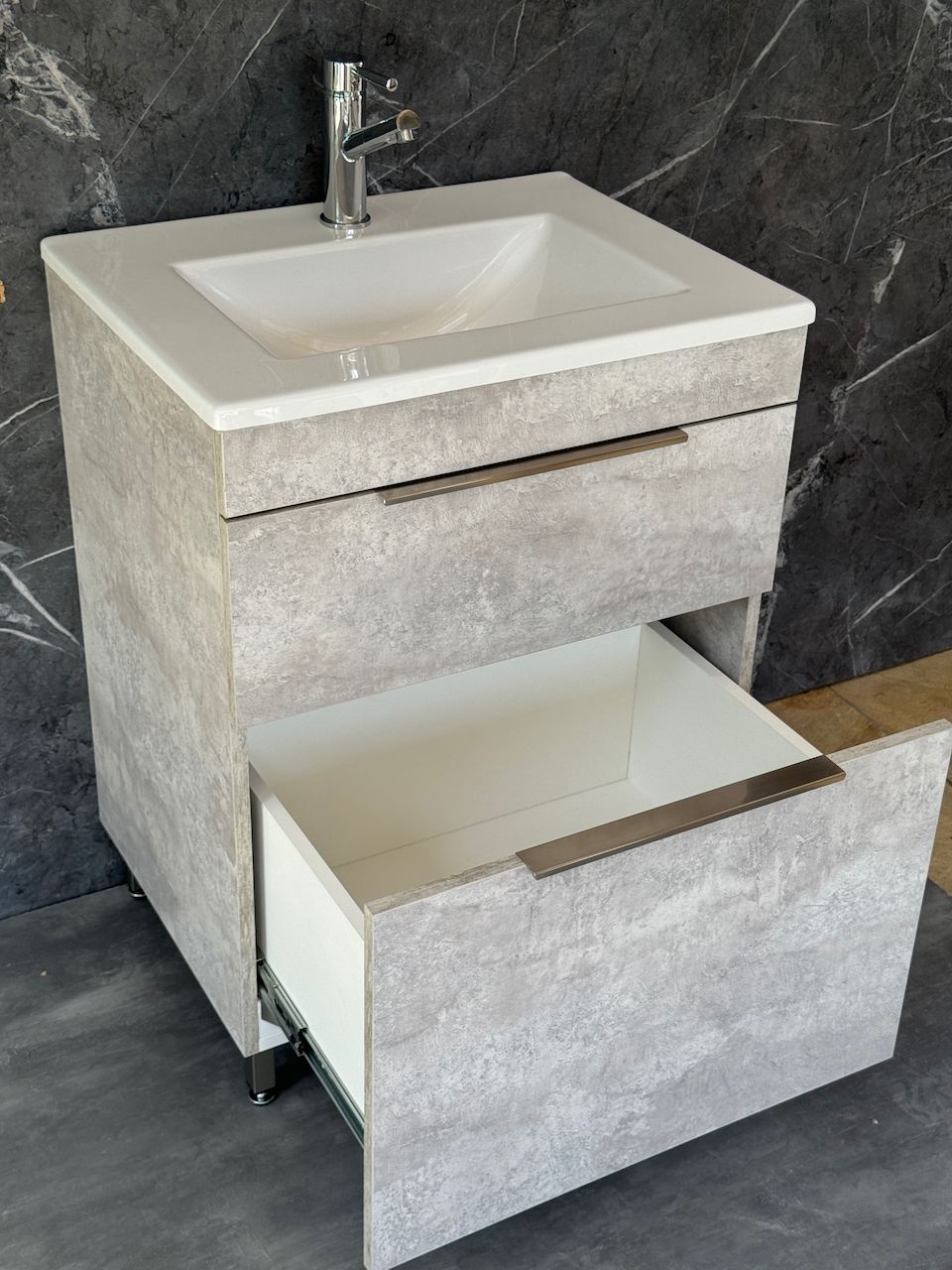 TAO-600 Floor Standing Natural Cement colour Cabinet &amp; Basin with silver handles &amp; legs.