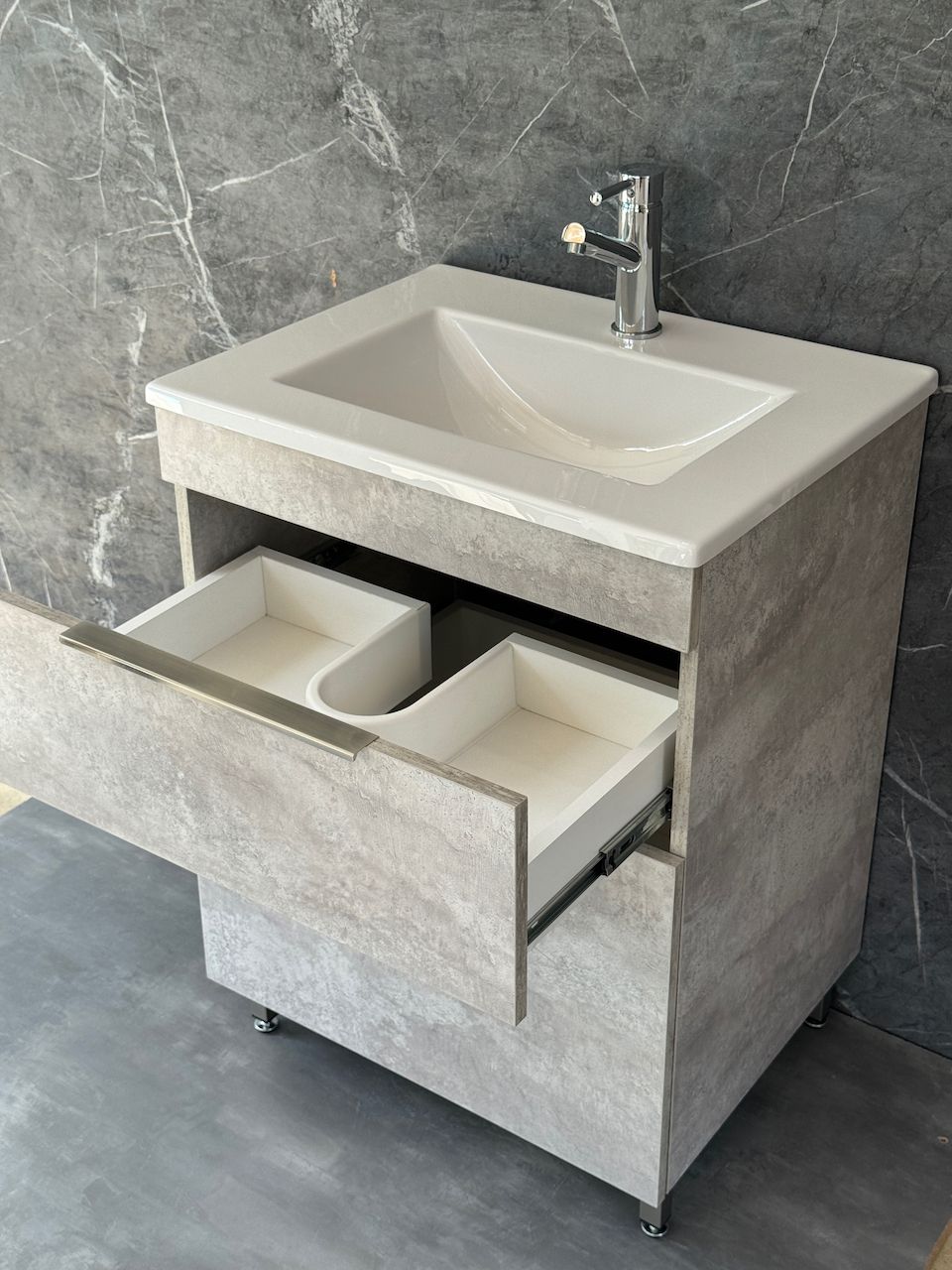 TAO-600 Floor Standing Natural Cement colour Cabinet &amp; Basin with silver handles &amp; legs.
