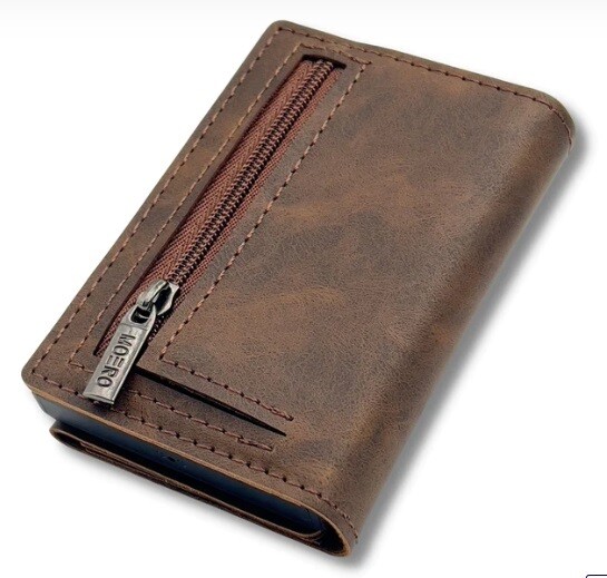 Portafoglio • Moero • Pro Vintage Dark Brown Zip • Protezione RFID per carte Contactless • in Vera Pelle • Contiene fino a 9 Carte