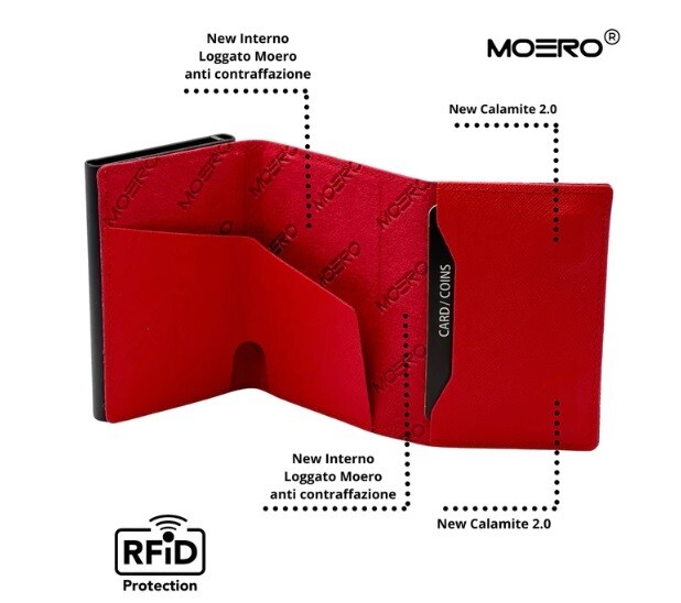 Portafoglio • Moero • Pro Saffiano Red Rosso • Protezione RFID per carte Contactless • in Vera Pelle • Contiene fino a 9 Carte