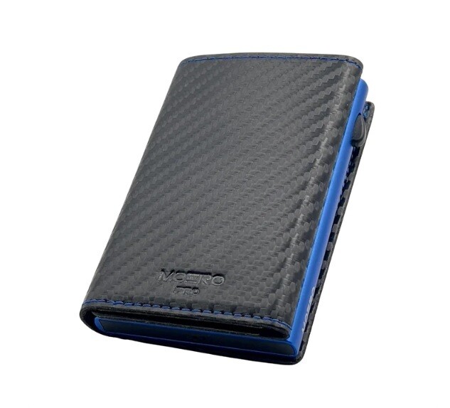Portafoglio • Moero • Pro Carbon Racing Black Blue  Zip • Protezione RFID per carte Contactless • in Vera Pelle • Contiene fino a 10 Carte