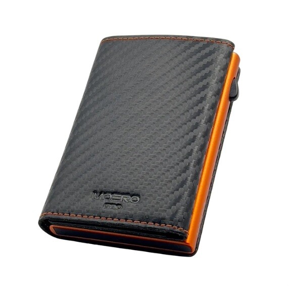 Portafoglio • Moero • Pro Carbon Racing Black Orange Zip • Protezione RFID per carte Contactless • in Vera Pelle • Contiene fino a 10 Carte