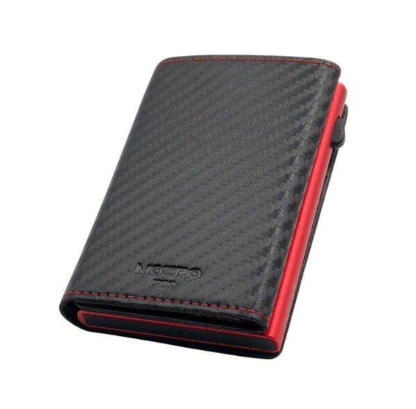 Portafoglio • Moero • Pro Carbon Racing Black Red Zip • Protezione RFID per carte Contactless • in Vera Pelle • Contiene fino a 10 Carte