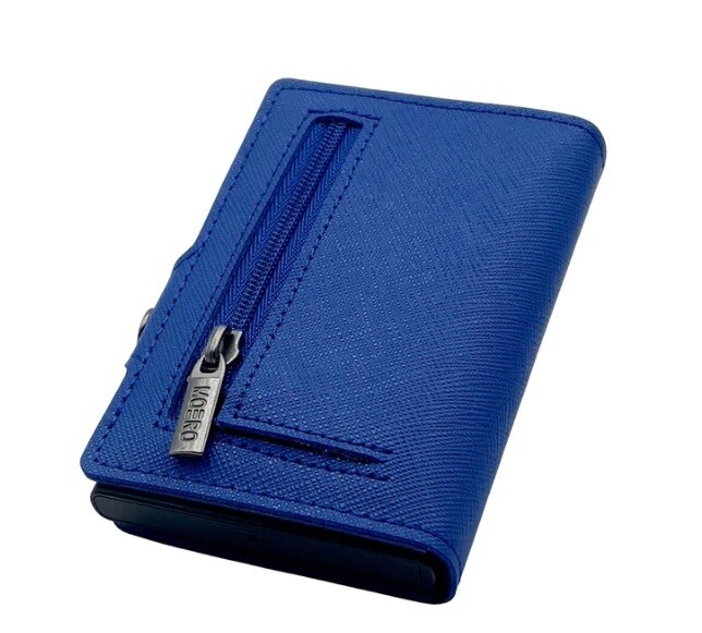 Portafoglio • Moero • Saffiano Blue Shock Zip  • Protezione RFID per carte Contactless • in Vera Pelle • Contiene fino a 13 Carte