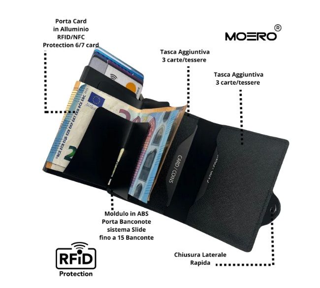 Portafoglio • Moero • Saffiano Black • Protezione RFID per carte Contactless • in Vera Pelle • Contiene fino a 9 Carte