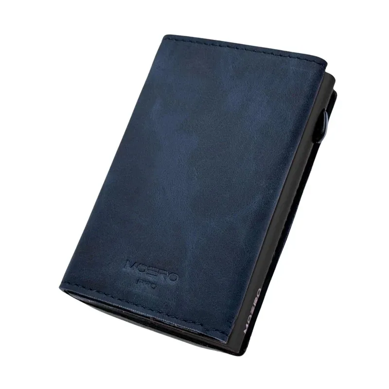 Portafoglio • Moero • Pro Vintage Blue Zip • Protezione RFID per carte Contactless • in Vera Pelle • Contiene fino a 9 Carte