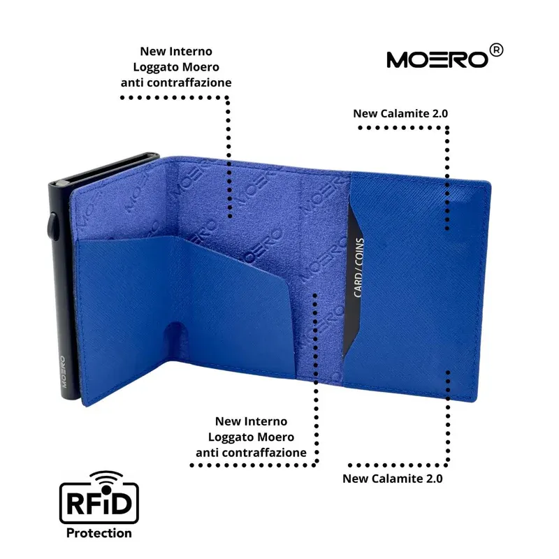 Portafoglio • Moero • Pro Saffiano Blue Shock • Protezione RFID per carte Contactless • in Vera Pelle • Contiene fino a 9 Carte