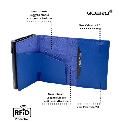 Portafoglio • Moero • Pro Saffiano Blue Shock • Protezione RFID per carte Contactless • in Vera Pelle • Contiene fino a 9 Carte