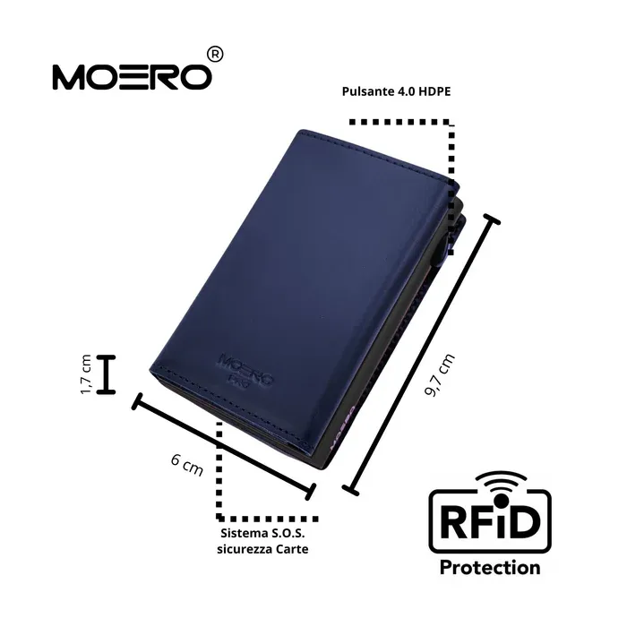 Portafoglio • Moero • Pro Prestige Blu • Protezione RFID per carte Contactless • in Vera Pelle • Contiene fino a 12 Carte