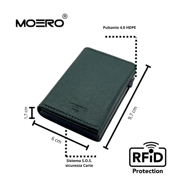 Portafoglio • Moero • Pro Saffiano Green • Protezione RFID per carte Contactless • in Vera Pelle • Contiene fino a 9 Carte