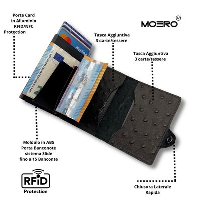 Portafoglio • Moero • Ostrich Brown • Protezione RFID per carte Contactless • Struttura in Carbonio con interni in Pelle • Contiene fino a 12 Carte