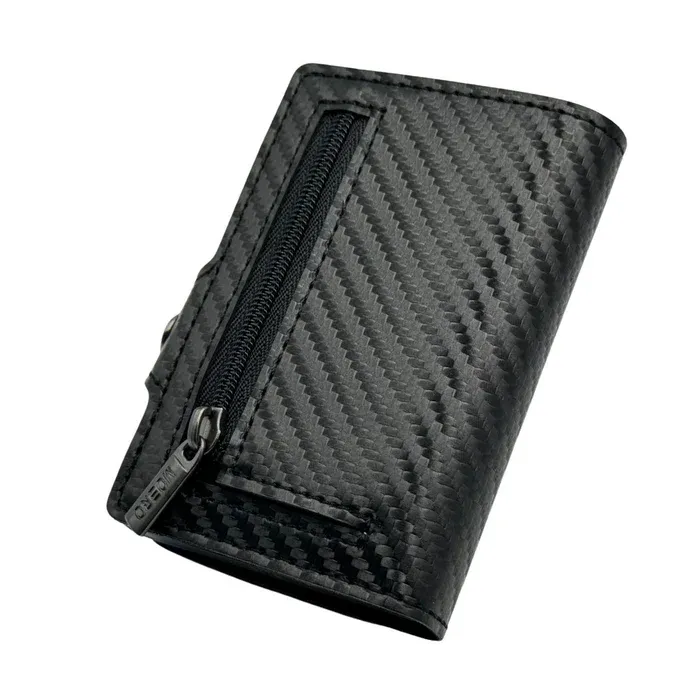 Portafoglio • Moero • Carbon Black Zip Nero • Protezione RFID per carte Contactless • Struttura in Carbonio con interni in Pelle