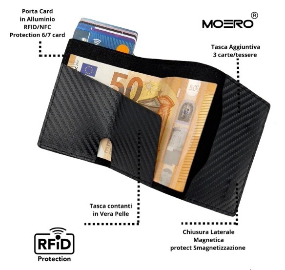 Portafoglio • Moero • Pro Carbon Black • Protezione RFID per carte Contactless • in Vera Pelle • Contiene fino a 10 Carte
