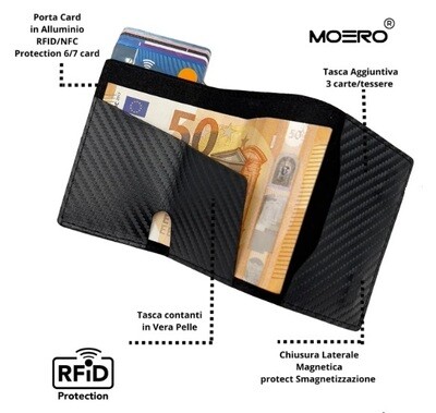 Portafoglio • Moero • Pro Carbon Black • Protezione RFID per carte Contactless • in Vera Pelle • Contiene fino a 10 Carte