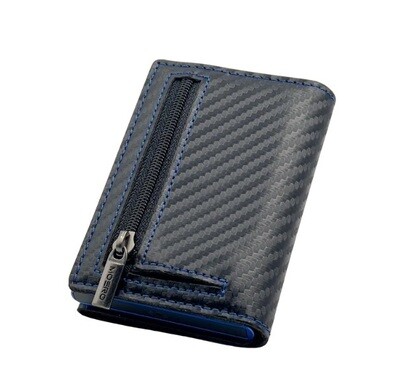 Portafoglio • Moero • Pro Carbon Racing Black Blue  Zip • Protezione RFID per carte Contactless • in Vera Pelle • Contiene fino a 10 Carte