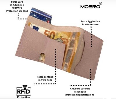 Portafoglio • Moero • Pro Saffiano Pink • Protezione RFID per carte Contactless • in Vera Pelle • Contiene fino a 9 Carte