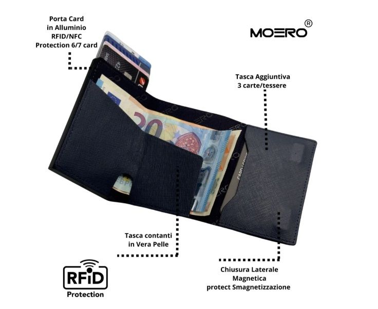 Portafoglio • Moero • Pro Saffiano Blue Navy • Protezione RFID per carte Contactless • in Vera Pelle • Contiene fino a 9 Carte