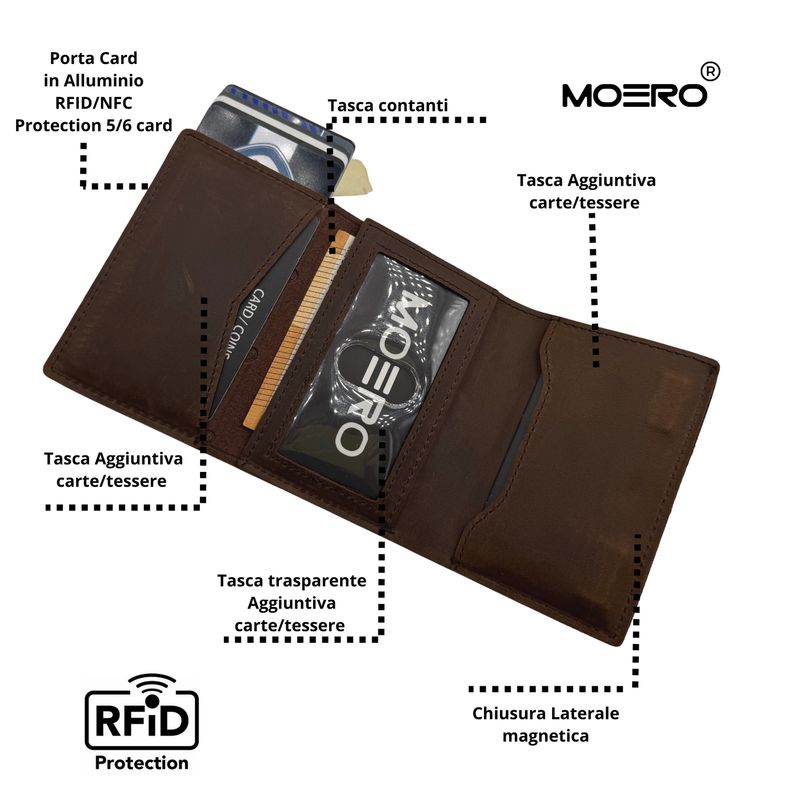 Portafoglio • Moero • Pro Plus Crazy Horse Leather Chocolate Zip • Protezione RFID per carte Contactless • in Vera Pelle • Contiene fino a 12 Carte