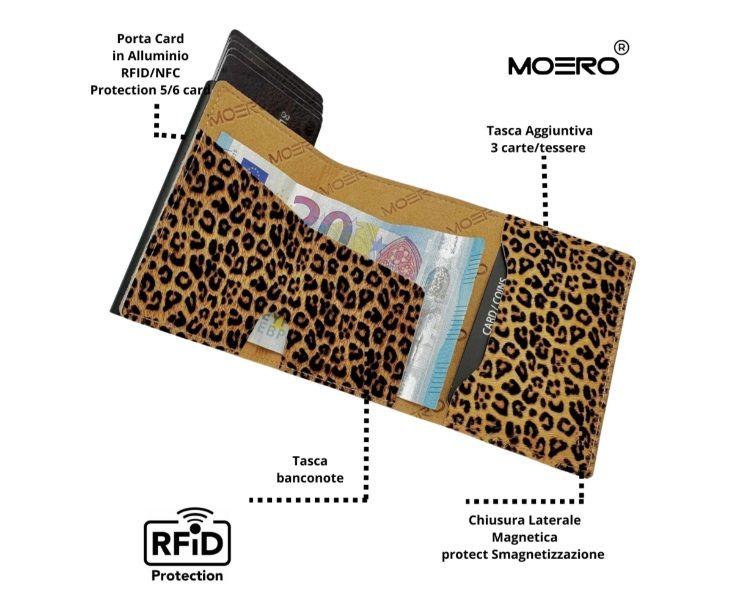 Portafoglio • Moero • Pro Animalier Leopardo • Protezione RFID per carte Contactless • in Vera Pelle • Contiene fino a 9 Carte