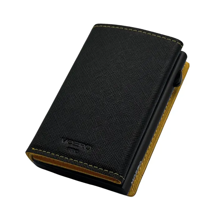 Portafoglio • Moero • Pro Plus Saffiano Black Yellow Zip • Protezione RFID per carte Contactless • in Vera Pelle • Contiene fino a 6 Carte