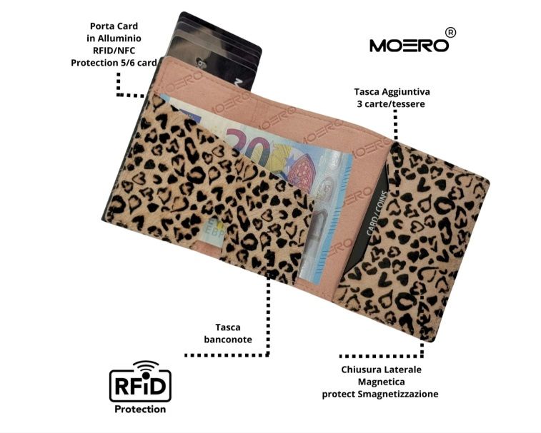 Portafoglio • Moero • Pro Animalier Maculato • Protezione RFID per carte Contactless • in Vera Pelle • Contiene fino a 9 Carte