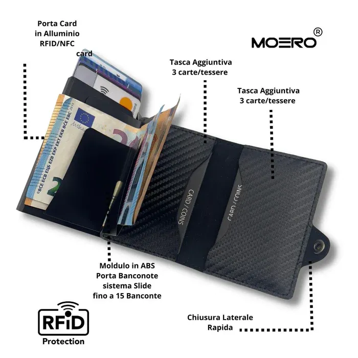 Portafoglio • Moero • Carbon Black Nero • Protezione RFID per carte Contactless • Struttura in Carbonio con interni in Pelle