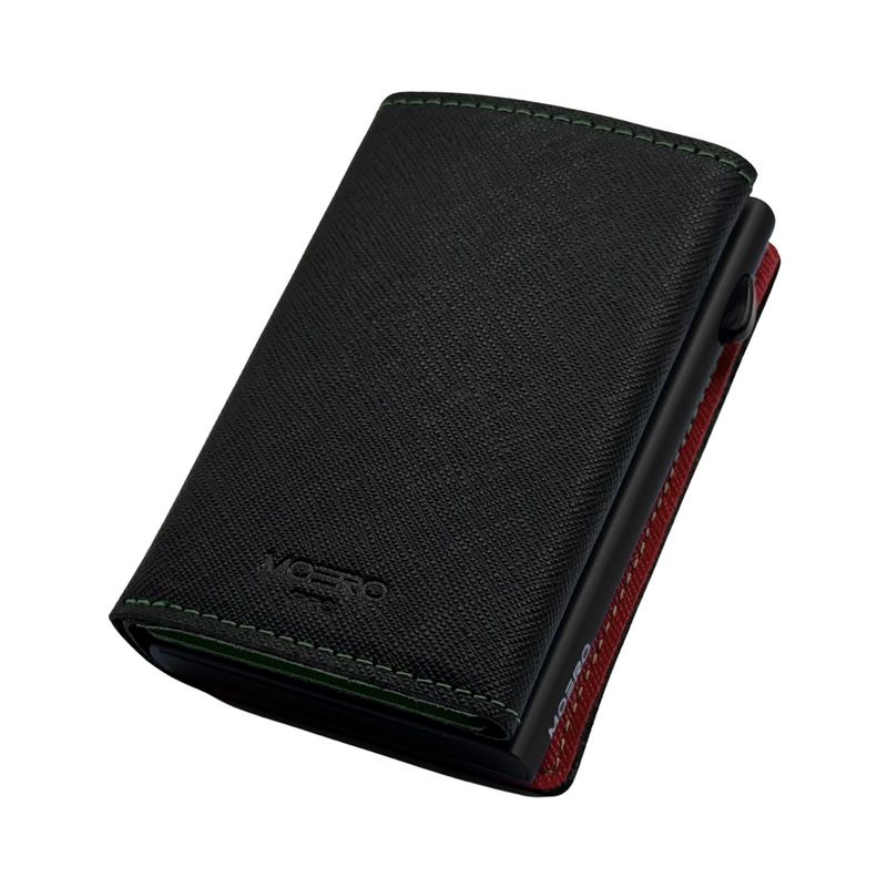 Portafoglio • Moero • Pro Plus Saffiano Black Bandiera Italiana Zip • Protezione RFID per carte Contactless • in Vera Pelle • Contiene fino a 6 Carte