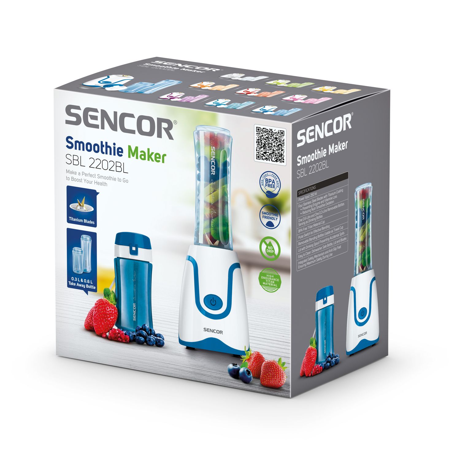 Sencor 300W Smoothie Blender with 2 Impact Resistant BPA Free Bottles, Blue