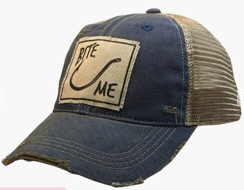 Bite Me Royal Blue Distressed Trucker Hat Baseball Cap