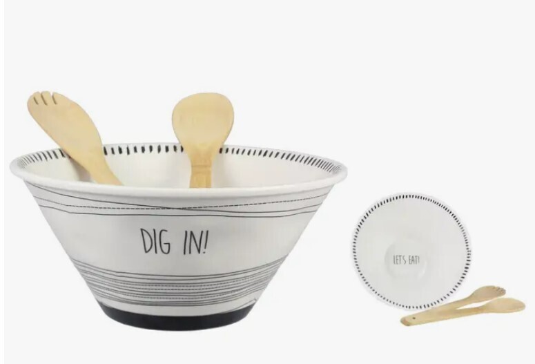 Ceramic Black and White Salad Bowl with Bamboo Tool Set