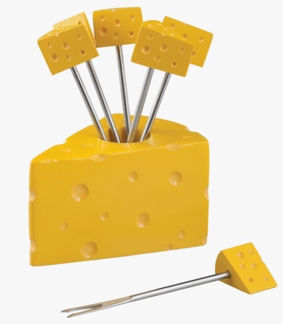 6-Piece Cheese Cocktail Pick with Holder - Holder-3 1/2&quot; W x 3 1/4&quot; H; Pick-3 3/4&quot; L / Stainless Steel Fork &amp; Hand Painted R...