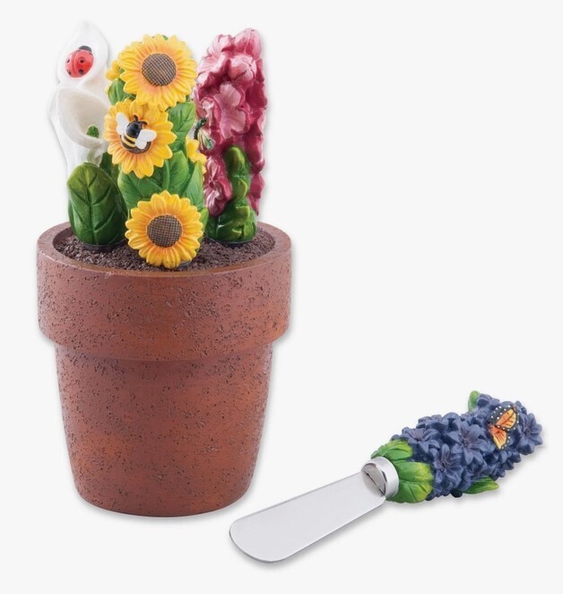 4-PC Garden Floral Cheese Spreader with 1-PC Flowerpot Base