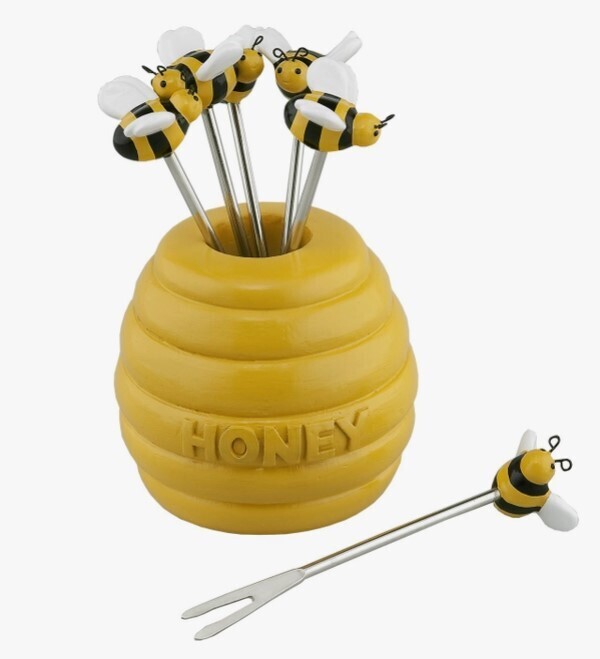 6-Piece Honey Bee Cocktail Pick with Holder - Holder-2 3/4&quot; W x 2 3/4&quot; H; Pick-4&quot; L / Stainless Steel Fork &amp; Hand Painted Resin