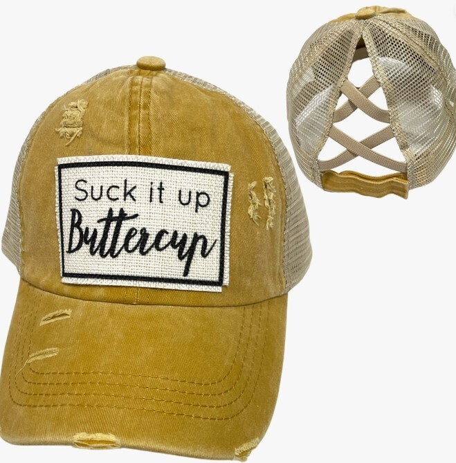 SUCK IT UP BUTTERCUP CRISS-CROSS PONYTAIL HAT - mustard with coffee colored mesh