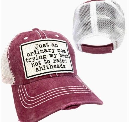 MOM TRYING NOT TO RAISE SHITHEADS | WOMAN&#39;S HAT | DISTRESSED - Maroon with white mesh