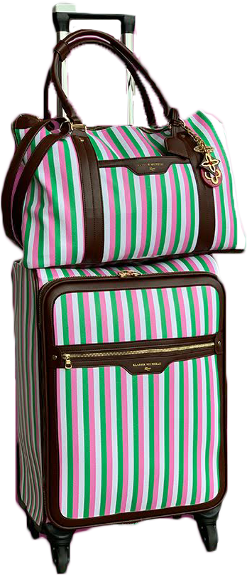 pink and green luggage with wheels