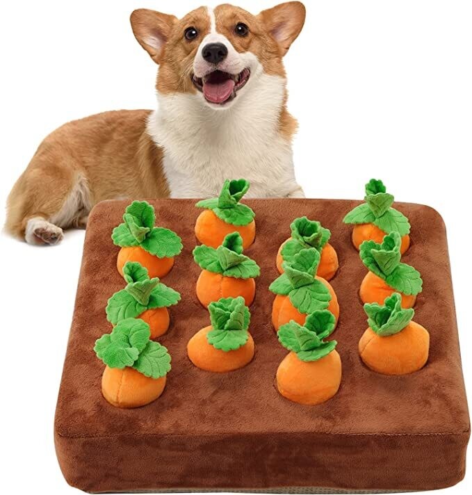Carrot Snuffle Mat for Dogs Plush Puzzle Toys 2 in 1 Non-Slip Nose work Feed Games for Pet Stress Relief with 12 Carrots