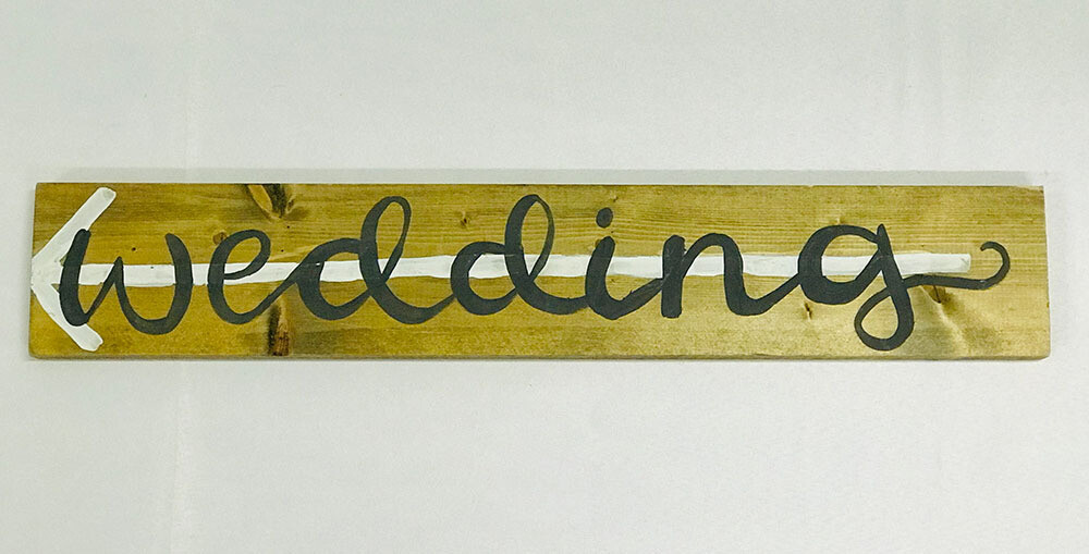 Wooden Wedding Sign with Gray Lettering and White Arrow