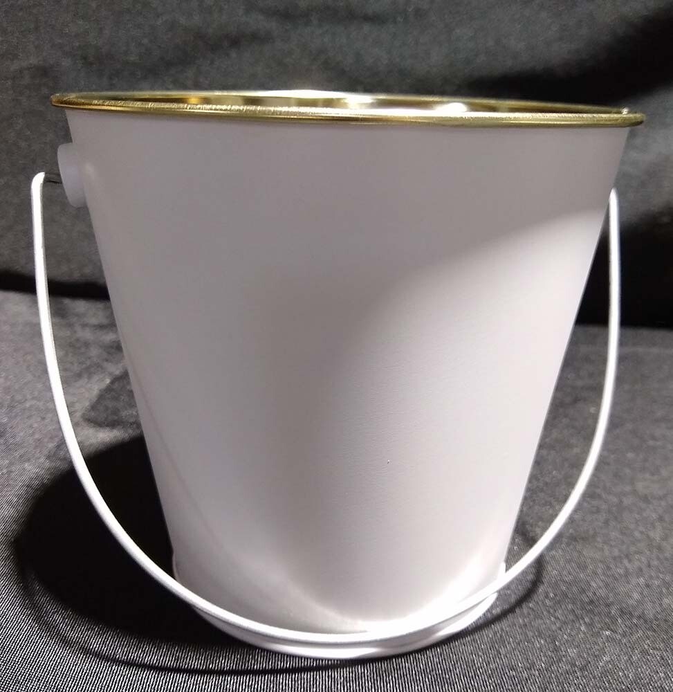 Small White and Gold Metal Bucket with Handle
