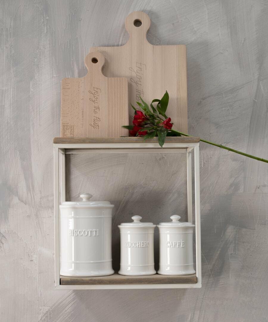 Pensile in ferro bianco e legno di recupero