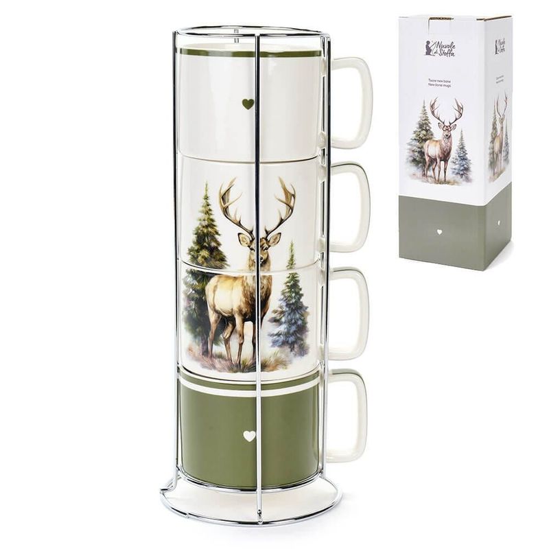 Set 4 tazze cervo con supporto "Bosco incantato"